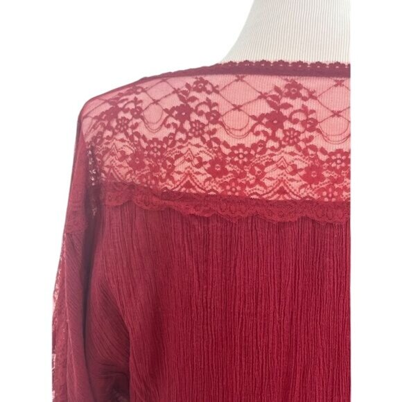 RARE Vintage Free People Burgundy Red Lace Trim Cinched Waist Boho Crepe Top - Picture 11 of 16